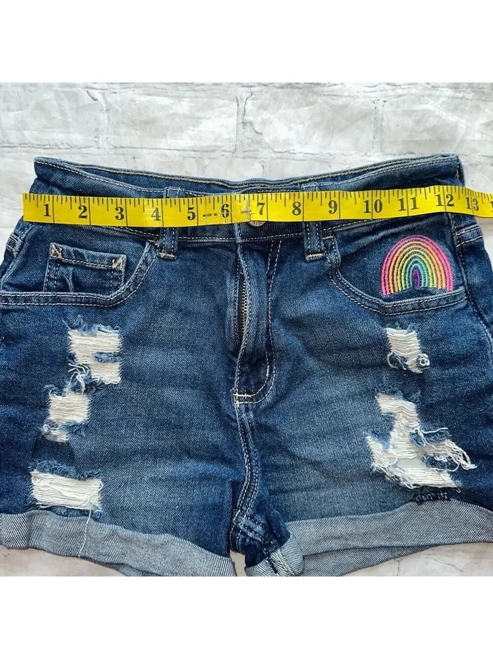 NWOT Girls Size 14 Justice Distressed Destroyed Blue Denim Jean Shorts Rainbow